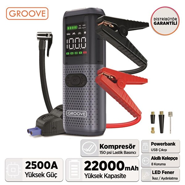 Groove HCB002 22000mAh 2500A Akü Takviye Cihazı-Lastik Şişirme Kompresörlü Jump Starter (Kompresör+Powerbank+Led Lamba)