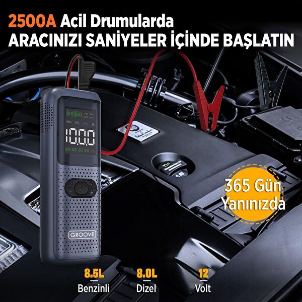 Groove HCB002 22000mAh 2500A Akü Takviye Cihazı-Lastik Şişirme Kompresörlü Jump Starter (Kompresör+Powerbank+Led Lamba)