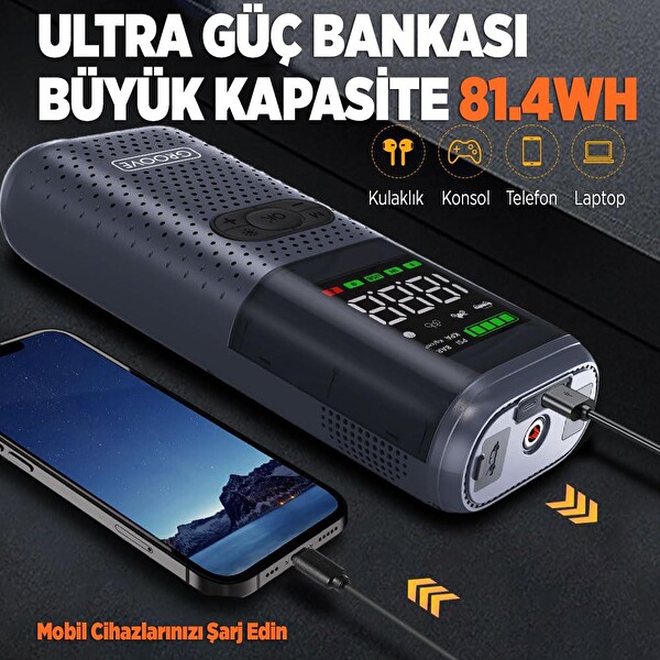 Groove HCB002 22000mAh 2500A Akü Takviye Cihazı-Lastik Şişirme Kompresörlü Jump Starter (Kompresör+Powerbank+Led Lamba)
