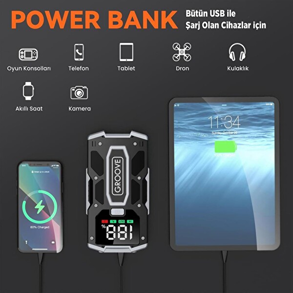 Groove M01 15800 mAh 2000A Akü Takviye Cihazı Taşınabilir Jump Starter (Powerbank+Led Lamba+LCD Ekran)