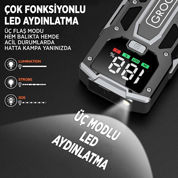 Groove M01 15800 mAh 2000A Akü Takviye Cihazı Taşınabilir Jump Starter (Powerbank+Led Lamba+LCD Ekran)
