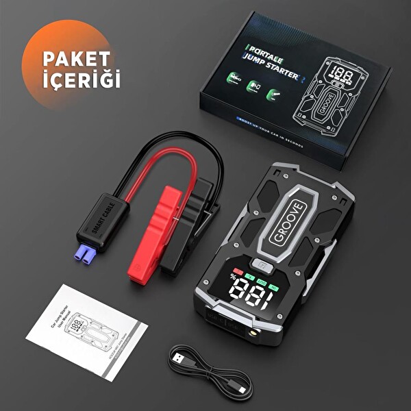 Groove M01 15800 mAh 2000A Akü Takviye Cihazı Taşınabilir Jump Starter (Powerbank+Led Lamba+LCD Ekran)