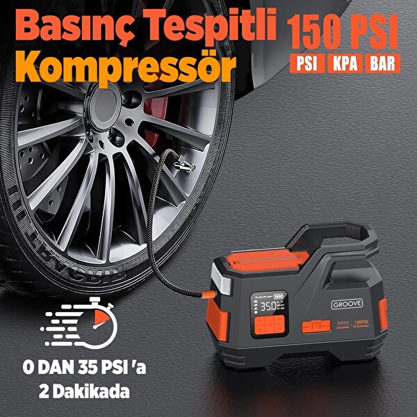 Groove JS006 26800mAh 3000A Akü Takviye Cihazı-Lastik Şişirme Kompresörlü Taşınabilir Jump Starter(Kompresör+Powerbank+Led Lamba)