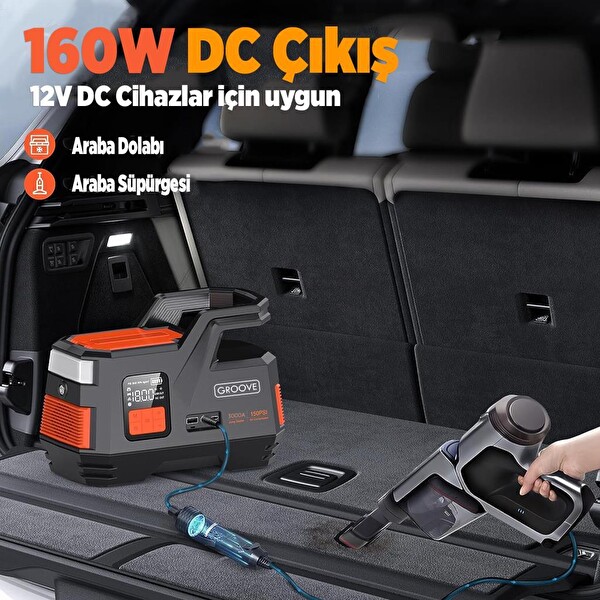 Groove JS006 26800mAh 3000A Akü Takviye Cihazı-Lastik Şişirme Kompresörlü Taşınabilir Jump Starter(Kompresör+Powerbank+Led Lamba)