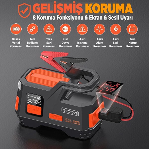 Groove JS006 26800mAh 3000A Akü Takviye Cihazı-Lastik Şişirme Kompresörlü Taşınabilir Jump Starter(Kompresör+Powerbank+Led Lamba)