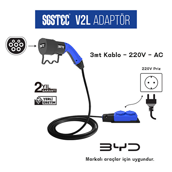 Sgstec BYD 3 Metre Kablolu 2'li V2L Uzatma Priz Adaptör