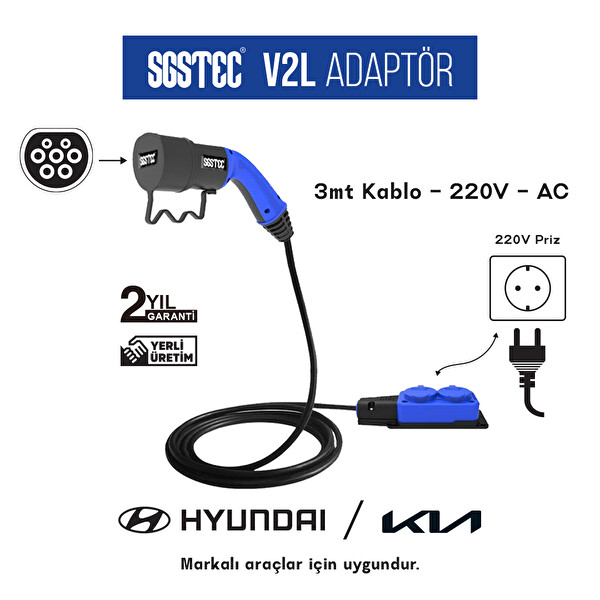 Sgstec
										 Hyundai - Kia 3 Metre Kablolu 2'li V2L Uzatma Priz Adaptör