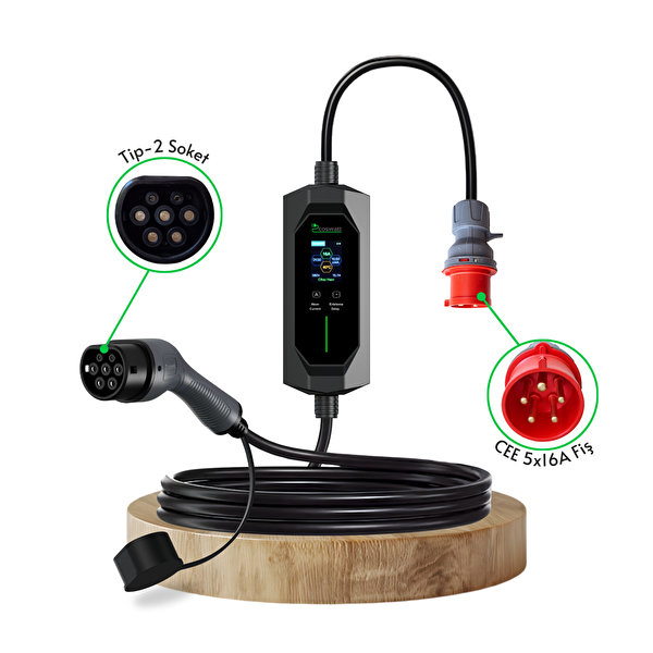 Cks Enerji Elektrikli Araç Taşınabilir Şarj Istasyonu 11 Kw/16A/Tip-2/5X16A Fiş/Trifaze/5m/Çantalı/Ev Tipi Dönüştürücü Kablolu
