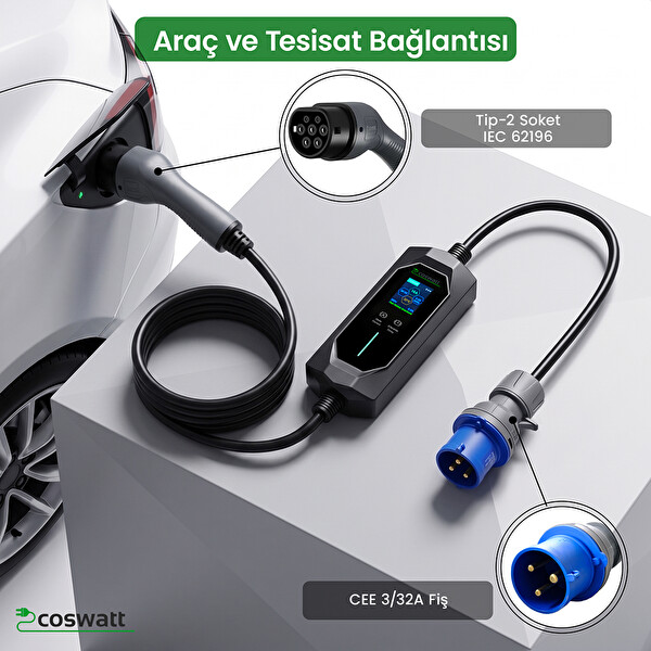 Coswatt Taşınabilir Elektrikli Araç Şarj İstasyonu 7 kW 32A Tip-2 Monofaze 5 m 3x32A Fişli Çantalı