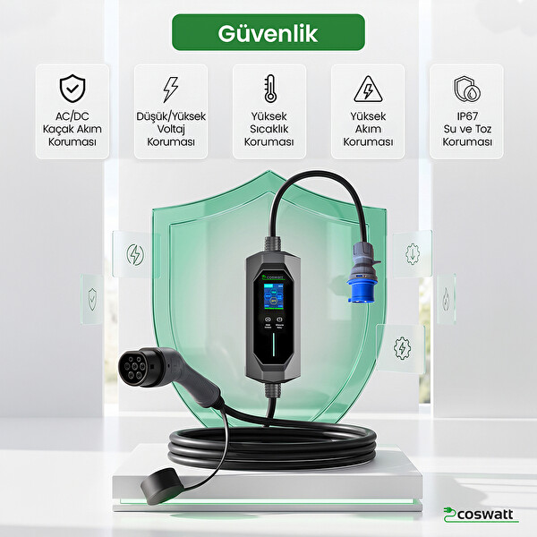 Coswatt Taşınabilir Elektrikli Araç Şarj İstasyonu 7 kW 32A Tip-2 Monofaze 5 m 3x32A Fişli Çantalı