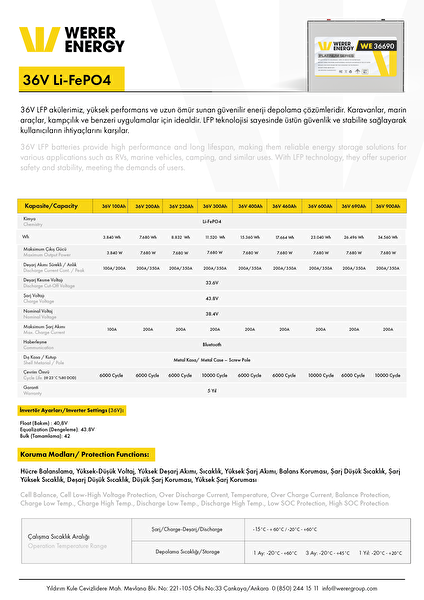WERER ENERGY 36V 690Ah LiFePO4 Platinum Series Bluetooth'lu Lityum Demir Fosfat Akü - Üretim Yılı: 2025