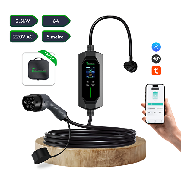 Coswatt Taşınabilir Elektrikli Araç Şarj Cihazı 16A 3.5kW Monofaze Schuko Fiş 5 M