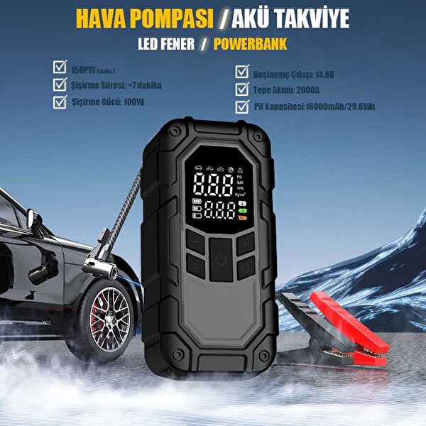 Mioji Mio D8H Plus 4'ü 1 Arada 16000 mAh Akü Takviye+Hava Pompası+LED Fener+Powerbank