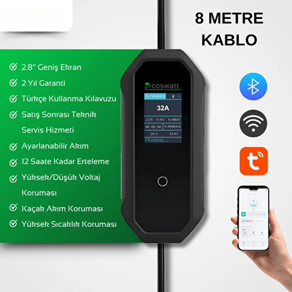 Coswatt Taşınabilir Şarj Cihazı 7 kW 32A Tip-2 3x32A Fiş 220V AC Ev Tipi Dönüştürücü Kablo ve Çanta (8 M Kablo)