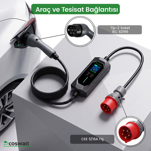 Cks Enerji Elektrikli Araba Taşınabilir Şarj Cihazı 11 Kw 16A Tip-2 5X16A 8 Metre Kablo - Türkçe Menü