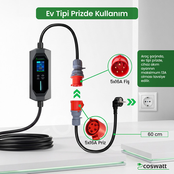 Cks Enerji Elektrikli Araba Taşınabilir Şarj Cihazı 11 Kw 16A Tip-2 5X16A 8 Metre Kablo - Türkçe Menü
