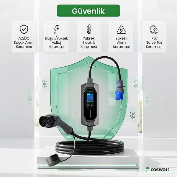 Cks Enerji Elektrikli Araba Taşınabilir Şarj Cihazı 7kw/32A / Tip-2 /3x32A Fiş/Monofaze/Çantalı - 10 MT