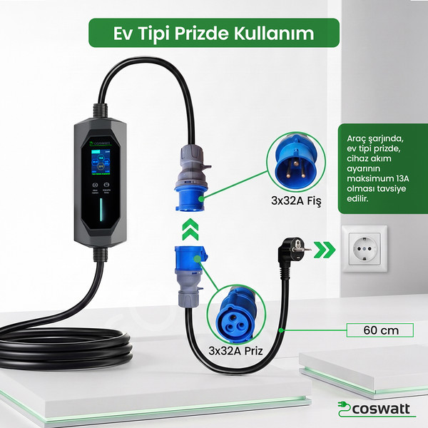 Cks Enerji Elektrikli Araba Taşınabilir Şarj Cihazı 7kw/32A / Tip-2 /3x32A Fiş/Monofaze/Çantalı - 10 MT