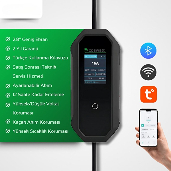Coswatt Taşınabilir Şarj Cihazı 3.5 kW 16A Türkçe Menü Tip-2 Schuko Fiş 220V AC Taşıma Çantası Hediyeli (10 M Kablolu)