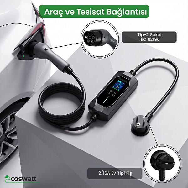 Coswatt Taşınabilir Şarj Cihazı 3.5 kW 16A Türkçe Menü Tip-2 Schuko Fiş 220V AC Taşıma Çanta - 8 M Kablolu