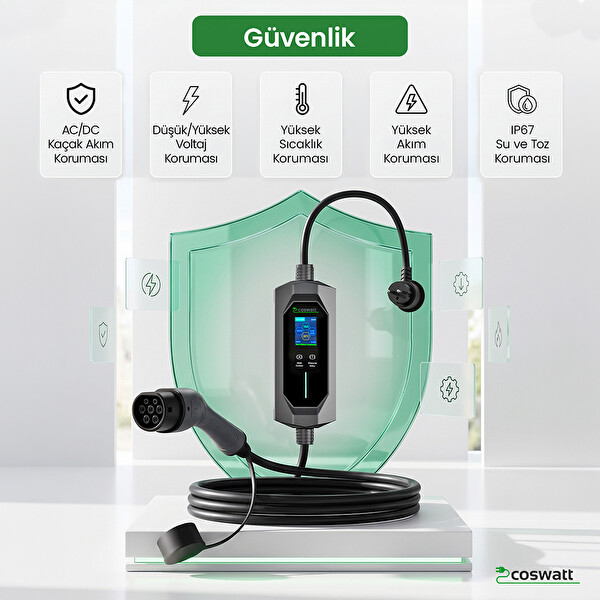 Coswatt Taşınabilir Şarj Cihazı 3.5 kW 16A Türkçe Menü Tip-2 Schuko Fiş 220V AC Taşıma Çanta - 8 M Kablolu