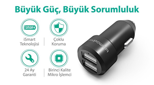 Ravpower RP-VC006 Ultra İnce/Ufak 24W 4.8A Çift Çıkış iSmart Araç Şarjı Siyah