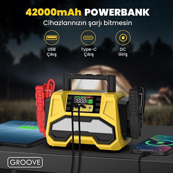 Groove F05 42000 mAh 8000 A Akü Takviye Cihazı - Lastik Şişirme Kompresörlü Taşınabilir Jump Starter PD 30W Hızlı Şarj