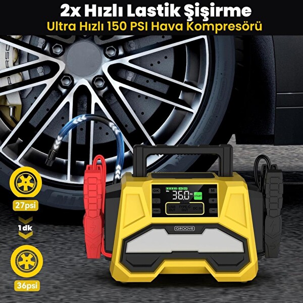 Groove F05 42000 mAh 8000 A Akü Takviye Cihazı - Lastik Şişirme Kompresörlü Taşınabilir Jump Starter PD 30W Hızlı Şarj