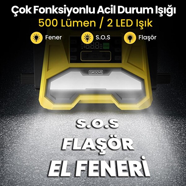 Groove F05 42000 mAh 8000 A Akü Takviye Cihazı - Lastik Şişirme Kompresörlü Taşınabilir Jump Starter PD 30W Hızlı Şarj