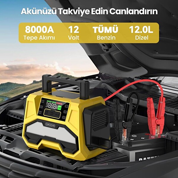 Groove F05 42000 mAh 8000 A Akü Takviye Cihazı - Lastik Şişirme Kompresörlü Taşınabilir Jump Starter PD 30W Hızlı Şarj
