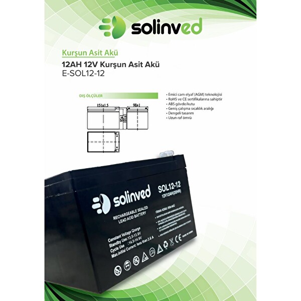 Solinved 12V 12Ah UPS ve Alarm Aküsü - 5 Adet