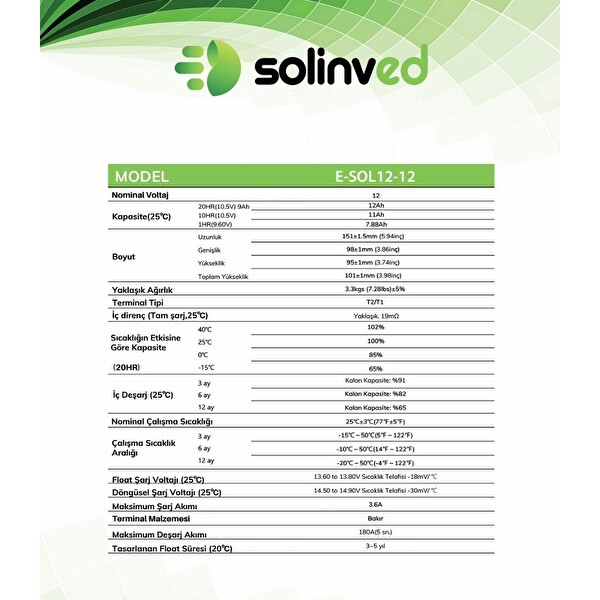 Solinved 12V 12Ah UPS ve Alarm Aküsü