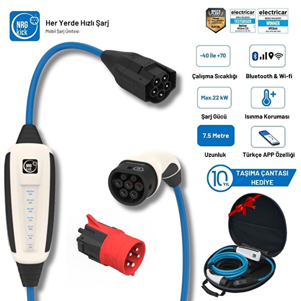 Nrgkick Çantalı Basic Plus 32A 22kW 7.5 M WiFi Bluetooth Monofaze ve Trifaze Uyumlu Taşınabilir Araç Şarj İstasyonu