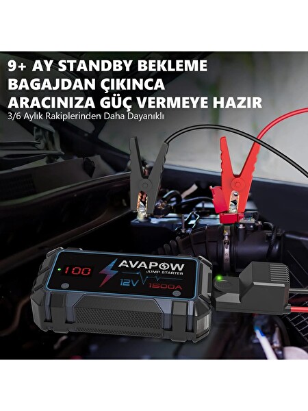 Avapow A9 29.6wh 8000 mAh 1500A Jump Starter Taşınabilir Akü Takviye Kiti (Powerbank + LCD + LED Işık)
