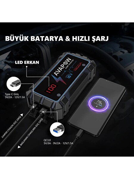 Avapow A9 29.6wh 8000 mAh 1500A Jump Starter Taşınabilir Akü Takviye Kiti (Powerbank + LCD + LED Işık)
