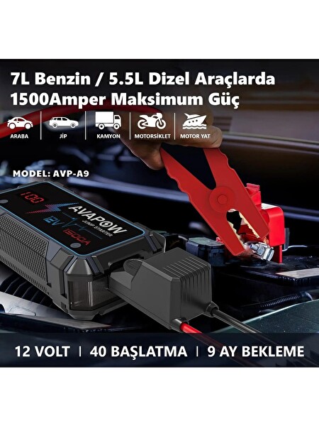Avapow A9 29.6wh 8000 mAh 1500A Jump Starter Taşınabilir Akü Takviye Kiti (Powerbank + LCD + LED Işık)