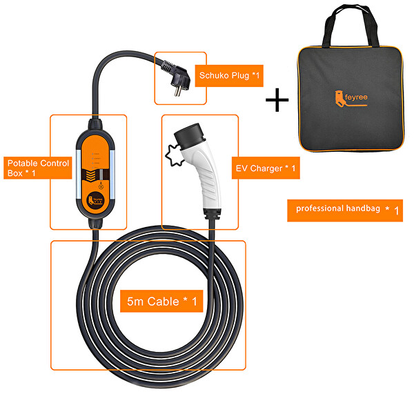 Feyree 5 Metre Ev Prizi Taşınabilir Elektrikli Araç Şarj Cihazı - 3.5 Kw - Tip 2