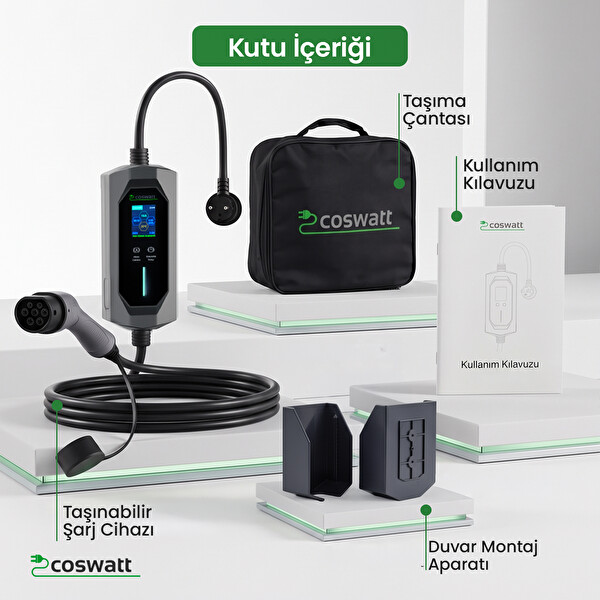 Coswatt Taşınabilir EV Şarj Cihazı CS-P1-16A - 3.5kW - 8m - Türkçe - 220V AC - Tip-2 - 2x16A Ev Tipi Fiş - Çanta