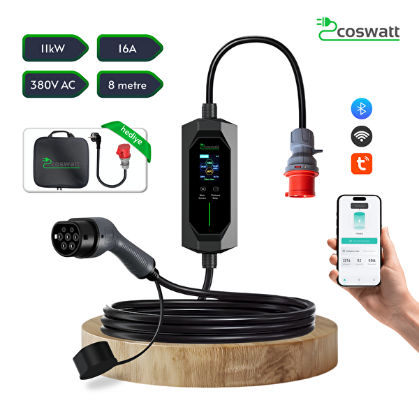 Coswatt Taşınabilir EV Şarj Cihazı CS-P3-16A - 11kW - 8m - Türkçe - 380V AC - Tip-2 - 5x16A CEE - Ev Tipi Adaptör