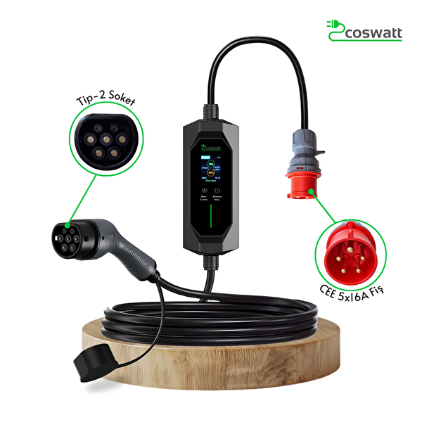 Coswatt Taşınabilir EV Şarj Cihazı CS-P3-16A - 11kW - 8m - Türkçe - 380V AC - Tip-2 - 5x16A CEE - Ev Tipi Adaptör