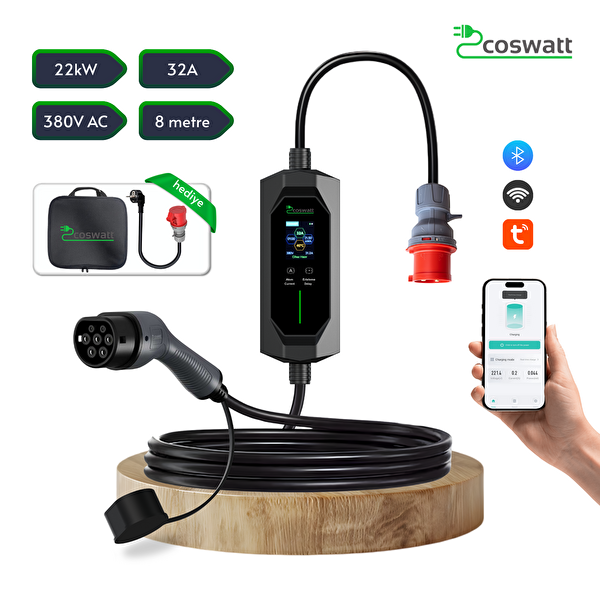 Coswatt Taşınabilir EV Şarj Cihazı CS-P3-32A - 22kW - 8m - Türkçe - 380V AC - Tip-2 - 5x32A CEE - Ev Tipi Adaptör