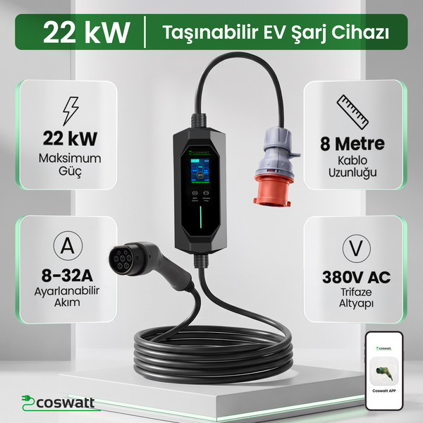Coswatt Taşınabilir EV Şarj Cihazı CS-P3-32A - 22kW - 8m - Türkçe - 380V AC - Tip-2 - 5x32A CEE - Ev Tipi Adaptör