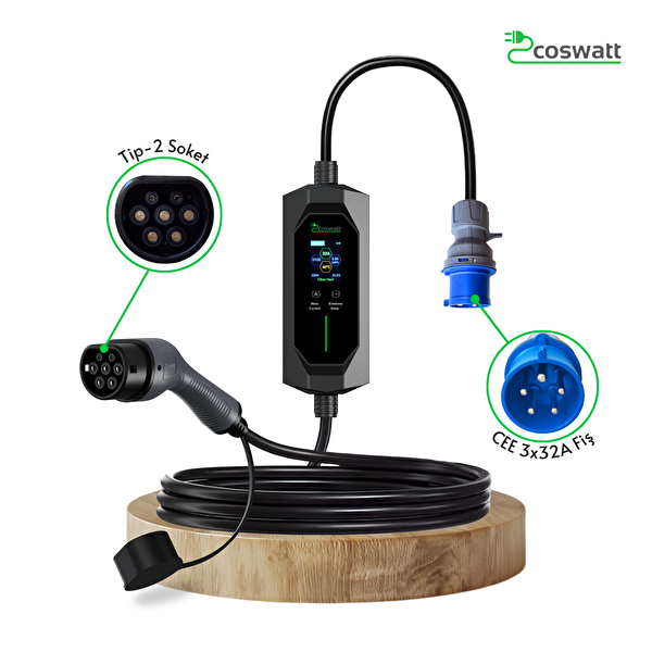 Coswatt Taşınabilir EV Şarj Cihazı CS-P1-32A - 7.4kW - 5m - Türkçe - 220V AC - Tip-2 - 3x32A CEE - Ev Tipi Adaptör