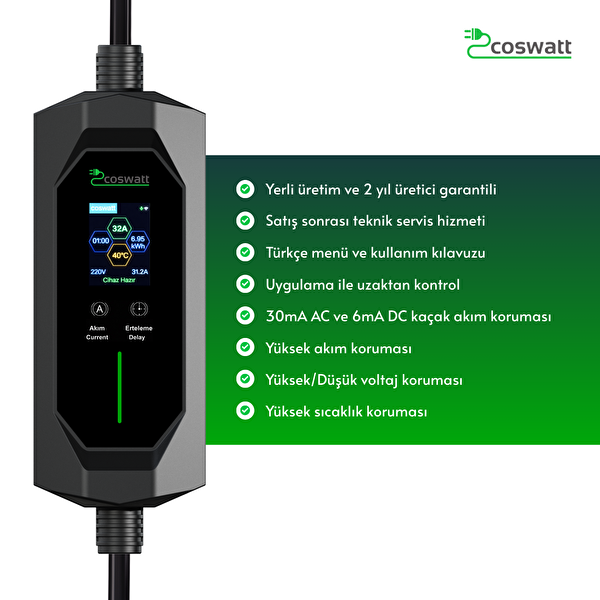 Coswatt Taşınabilir EV Şarj Cihazı CS-P1-32A - 7.4kW - 5m - Türkçe - 220V AC - Tip-2 - 3x32A CEE - Ev Tipi Adaptör