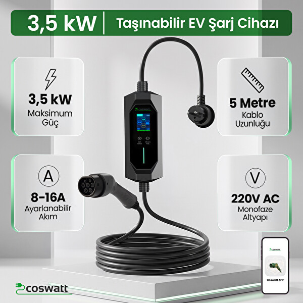 Coswatt Taşınabilir EV Şarj Cihazı CS-P1-16A - 3.5kW - 5m - Türkçe - 220V AC - Tip-2 - 2x16A Ev Tipi Fiş - Çanta