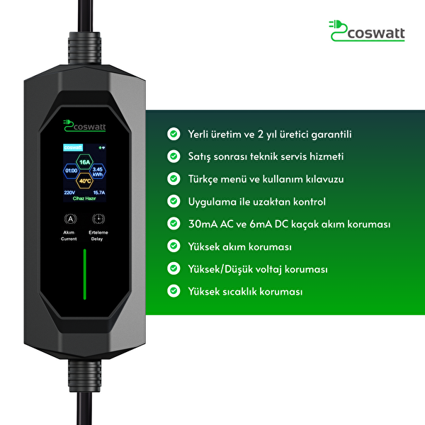 Coswatt Taşınabilir EV Şarj Cihazı CS-P1-16A - 3.5kW - 5m - Türkçe - 220V AC - Tip-2 - 2x16A Ev Tipi Fiş - Çanta