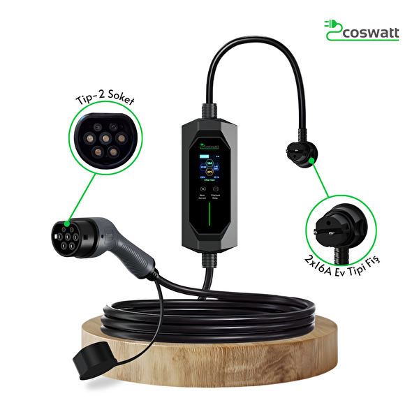 Coswatt Taşınabilir EV Şarj Cihazı CS-P1-16A - 3.5kW - 10m - Türkçe - 220V AC - Tip-2 - 2x16A Ev Tipi Fiş - Çanta