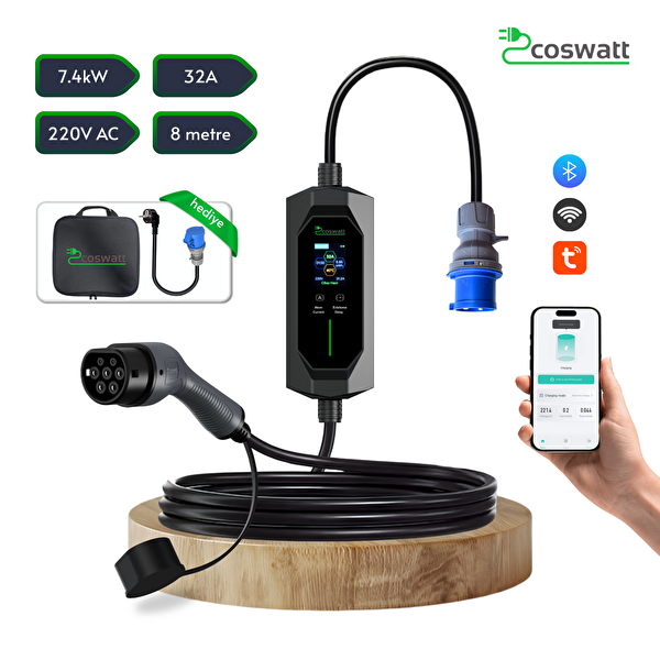 Coswatt Taşınabilir EV Şarj Cihazı CS-P1-32A - 7.4kW - 8m - Türkçe - 220V AC - Tip-2 - 3x32A CEE - Ev Tipi Adaptör