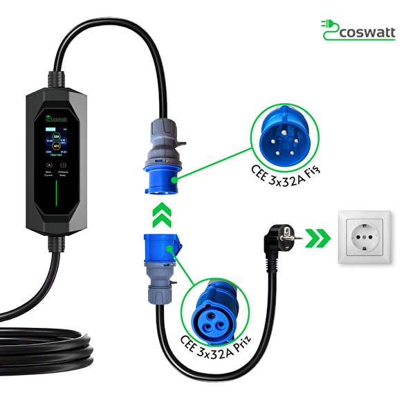 Coswatt Taşınabilir EV Şarj Cihazı CS-P1-32A - 7.4kW - 8m - Türkçe - 220V AC - Tip-2 - 3x32A CEE - Ev Tipi Adaptör