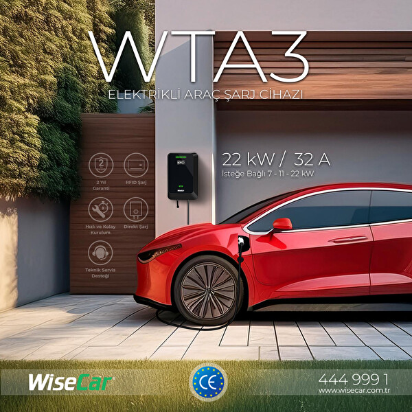 WiseCar WTA Yapay Zeka Destekli Akıllı Elektrikli Araç Şarj Cihazı - 22 kW Mobil Uygulama & WiseCar AI
